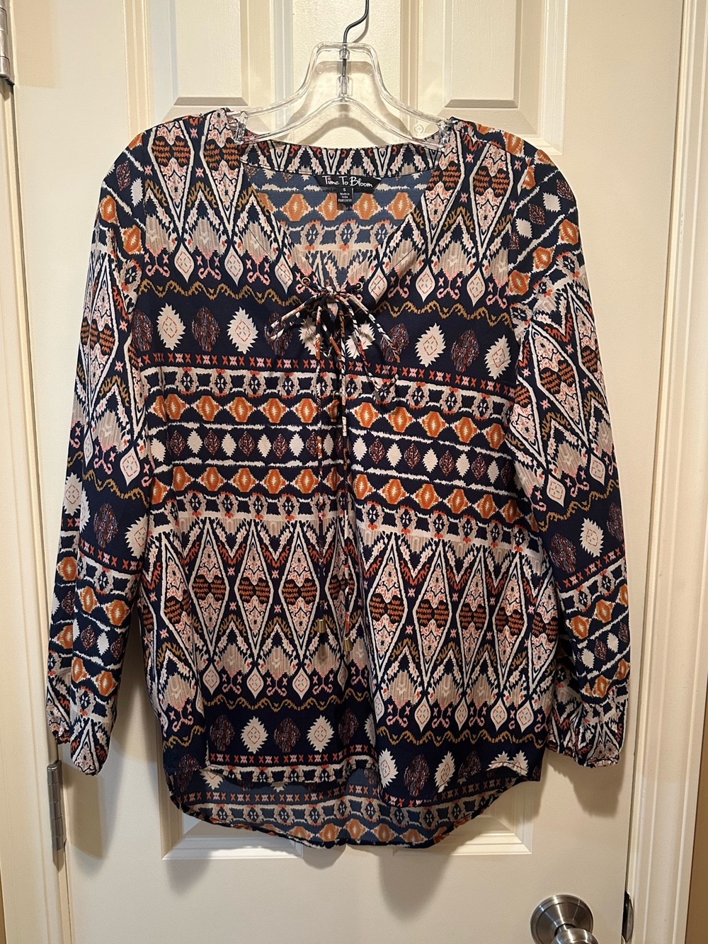 TIME TO BLOOM Small Long Sleeve Blouse Top Boho Southwest Print Drawstring Neck